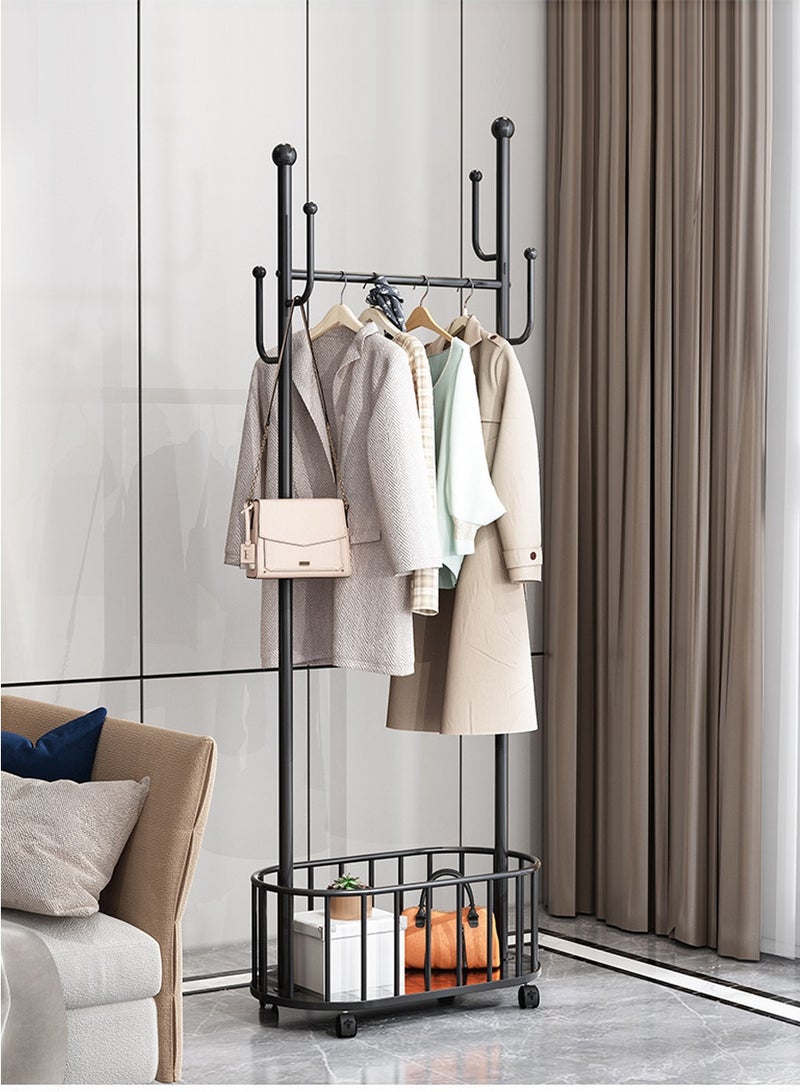 BEIRUI Rolling Metal Clothes Rack, Metal Clothes Rack with Wheels and Storage Basket, Branch Shape Hooks, Suitable for Hanging Clothes, Hats and Handbags in Living Room, Bedroom 60cm - Image 1